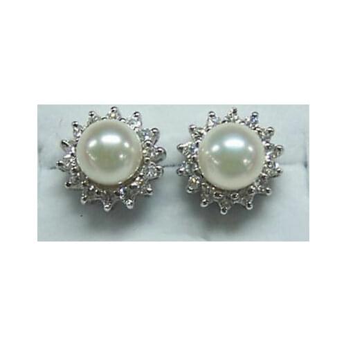 8-9mm Genuine Freshwater White Pearl White Gold Plated Crystal Flower Stud Earrings