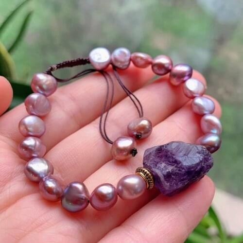Raw Mineral Amethysts Bracelets Crystal Quartz Charm Shining Purple Baroque Pearls Elegant Natural Freshwater Pearl Bracelets