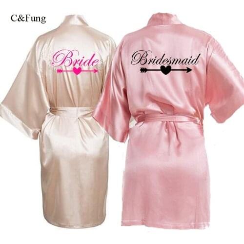 C&Fung sexy champagne bride robe love arrow style Satin Kimono Peignoir bridal gold pink pajama bridesmaid robes wedding gift