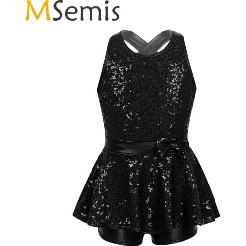 Kids Girls Shiny Sequins Sleeveless Gymnastics Leotard Dress Criss Cross Back Stage Performance Jazz Modern Tap Dance Costume