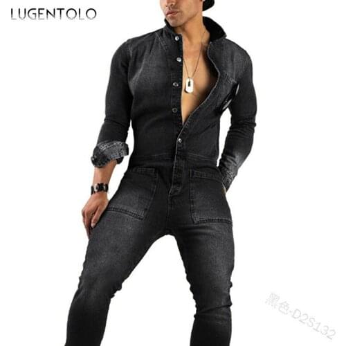 Large Size Jeans Cargo Pants Fashion Denim Casual Long Sleeve Button Mens Jumpsuit Slim Straight Street Long Jeans Lugentolo