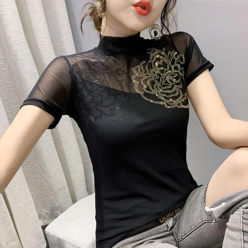Summer Black Mesh T-Shirt Sexy Half-Turtleneck Shiny Diamonds Women Tops Short Sleeve Casual Slim-fit Ladies Tee Bottoming Shirt