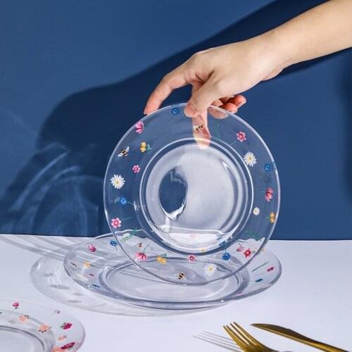 Ins Hot Glass Plate Lovely Flower Lemon Pattern Breakfast Plates 7.5Inch 9Inch for Fruit Desserts Pasta Steaks