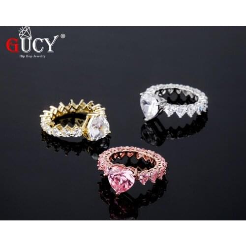 GUCY Fashion Heart Rings Micro Paved Full Bling Iced Out Cubic Zircon Luxury Hip Hop Jewelry Womens Gift