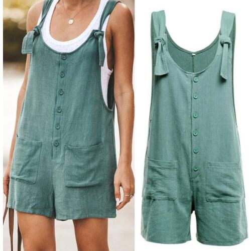 2021 Summer Women Rompers Casual Loose Sleeveless Solid Short Jumpsuit Button Pocket Suspenders Bib Wide Leg Playsuits Overalls