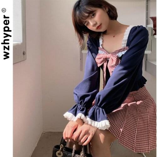 Lolita Sweet and Cute Suit Womens Autumn 2020 New Age Reduction Long-sleeved Shirt Plaid Pleated Skirt Two-piece Trend