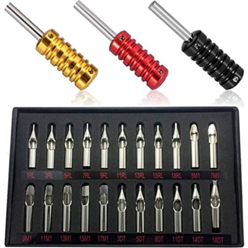 Tattoo Tips and Grips 3PCS Tattoo Grips Tubes and 22 PCS Stainless Steel Tattoo Tips Nozzles Kits DT RT FT for Accessories