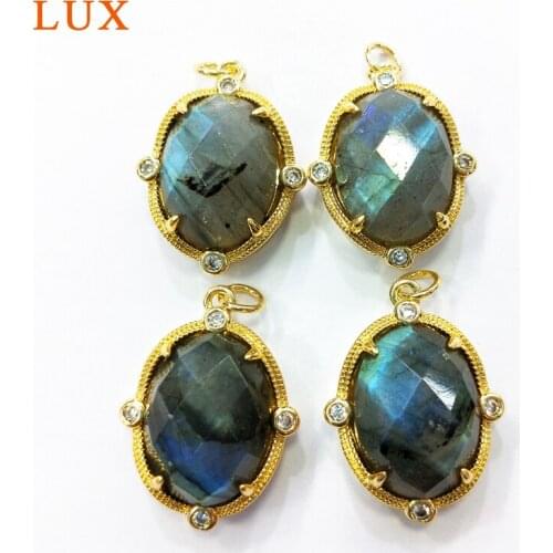 Natural blue oval labradorites stone pendant faceted gem stone charms CZ pave gem stone pendants for jewelry making