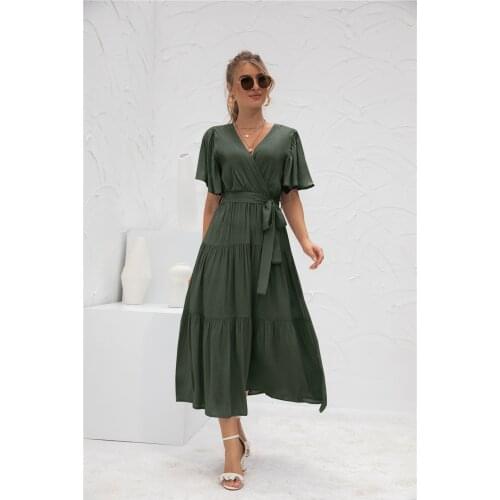 Womens Dress New Casual Dresses Solid Green V Neck High Waist Dress for Women Short Sleeve Female Clothing Party Commute Dress