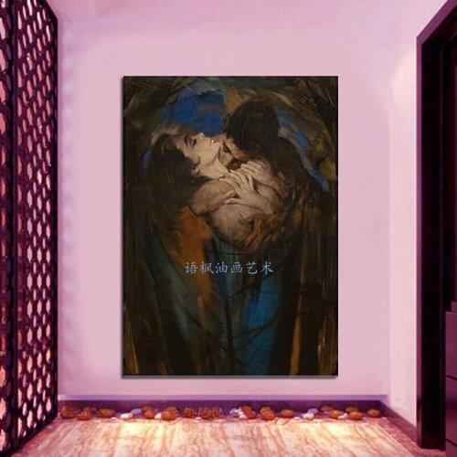 Hand-painted modern portrait oil painting on canvas love kiss decorative wall pictures home decoration stretched on wooden