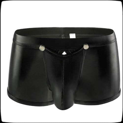 Sexy Men Lingerie Low Waist Faux Leather Boxer Shorts Erotic Open Front Bulgh Pouch Mini Pants Underwear Male Gay Hot Underpants