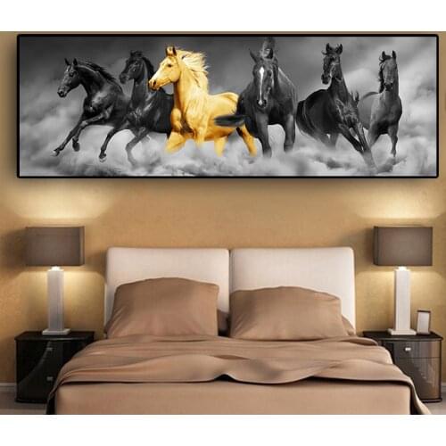 Six Running Black and Gold Horse Animals Canvas Painting Art Gold Posters and Prints Cuadros Wall Art Picture For Living Room
