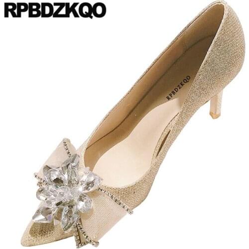 Shoes Thin Glitter 8cm Silver Rhinestone Heels Medium Pumps Bow High Crystal Pointed Toe Ladies Slip On Scarpin Bridal Diamond