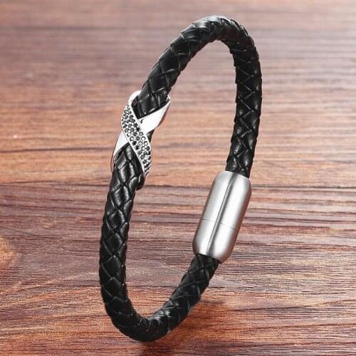 TYO Luxury Brand Stainless Steel X Rhinestone Charm Magnetic Clasps Braided Black Leather Bracelet for Men Women Birthday Gifts