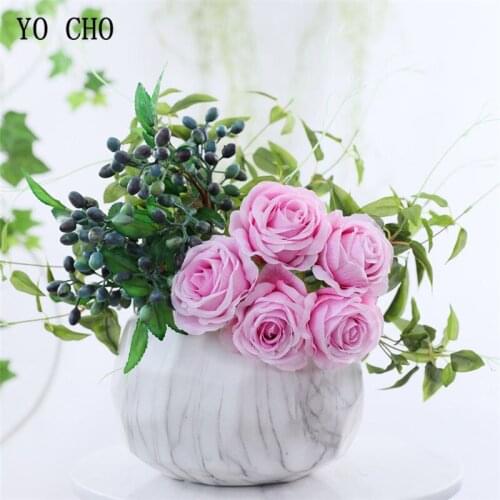 YO CHO 5 Heads Fake Roses Silk Flowers Wedding Home Party Decoration Artificial Flowers Luxury Table Room DIY Decor Faux Floral