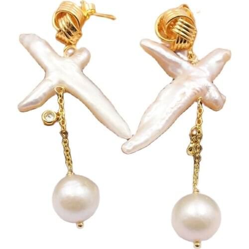 GuaiGuai Jewelry Natural White Keshi Cross Pearl CZ Gold Plated Chain Dangle Flower Stud Earrings Handmade For Women