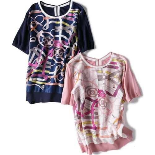 Pure silk spliced women fashion printed tshirt short sleeve tees Oneck tops pink 2color M/L retail mix bulk sale