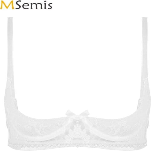 Womens Sexy Lingerie Lenceria Bare Nipples Breast Shelf Bra Erotic Sheer Lace Pearl Trimmed Underwired Bras Porno Sissy Bralette