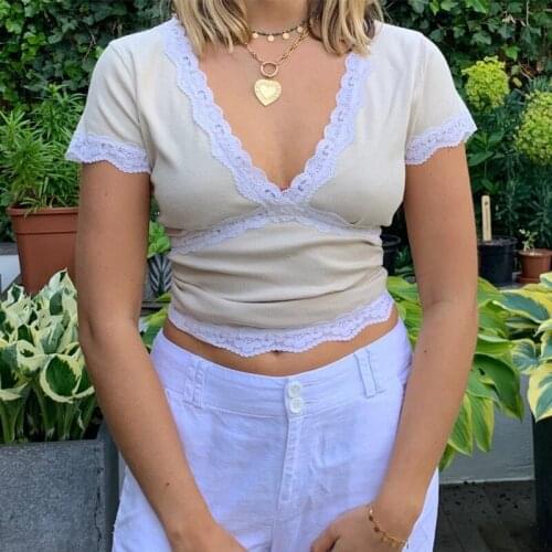 IMCUTE Y2K Lace Stitching Short Sleeve Top Womens Sexy Deep V Low Cut T-shirt 90S Fashion Slim Short Top Spring/Autumn Pullover