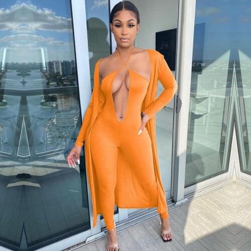 Y2K Ribbed Two Piece Outfits Women Clothes Long Sleeve Cardigan Coat + Halter Sleeveless Jumpsuit Lounge Wear Matching Sets