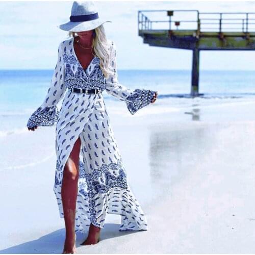 Summer Dress Women Clothing Bohe Print White Dress Beach Long Sleeve Plus Size Dress V-neck bodycon dress Vestidos 3XL