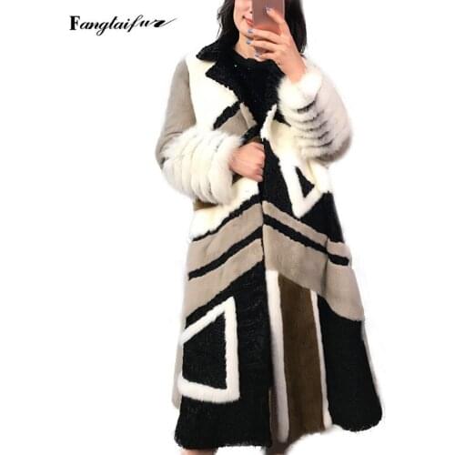 Ftangaiur2021 Winter Women Import Crown Velvet Mink Coat Turn-Down Collar Spliced Mink Coats Womens X-Long Real Mink Fur Coats
