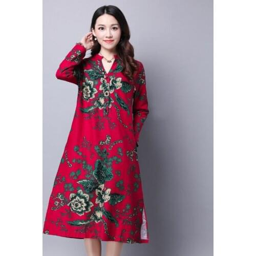 2021 traditional chinese dress flower print cheongsam cotton dress full sleeve qipao dress chinese clothing qi pao vestido