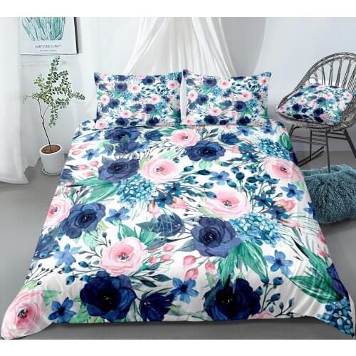 Watercolor Flowers Duvet Cover Set Blue Pink Floral Bedding Botanical Quilt Cover Queen 3pcs Flowers Bed Set Floral Dropship