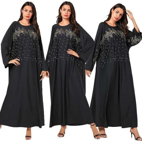 Abaya Muslim Women Dress Batwing Sleeve Loose Kaftan Beads Dubai Jilbab Robe Arab Islamic Gown Loose Oversized Long Sleeve Dress