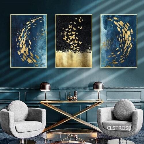 Noble Gold Leaf Fish Butterfly Nordic Modern Style Posters Art Canvas Pictures For Living Room Decorative Painting Unframed