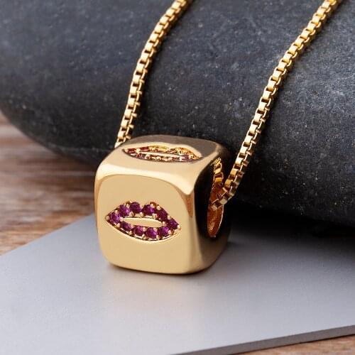 Trendy Punk Rock Cube Crystal Lips Pendant Necklace for Women Copper Cubic Zircon Streetwear Neck Chain Party Birthday Jewelry