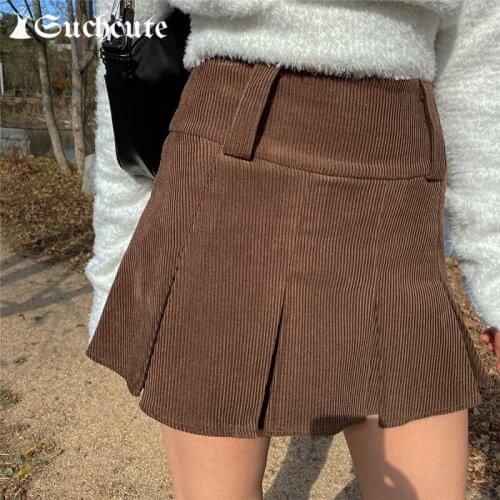 SUCHCUTE Brown Vintage Corduroy Pleated Skirt For Women Streetwear E Girl Mini Skirt Y2K Fashion High Waist Preppy Style Skirts
