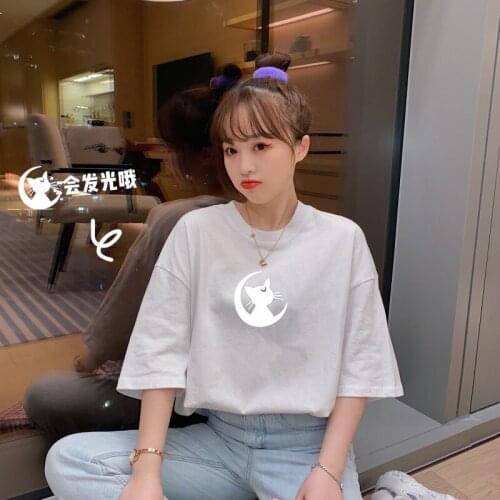 Laser Reflective T-shirt Print Moon Cat Print Lovely 2020 Summer Loose Short Sleeve Tops Korean Female Vetement Femme En