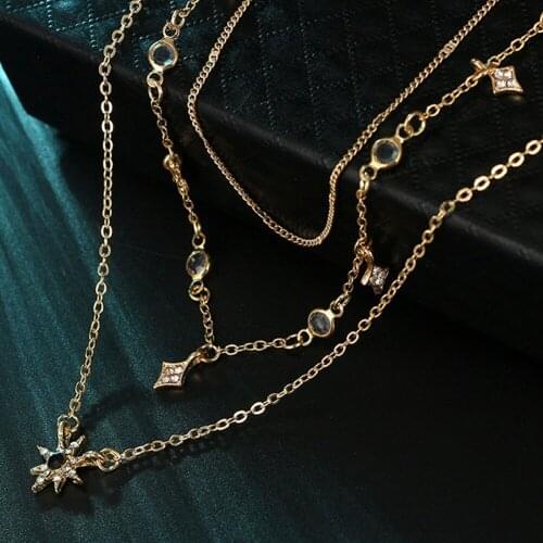 Fashion Stars Zircon Beads Sun Flower Pendant Thin Multi Layers Necklaces Gold Rhinestone Choker Necklace Jewelry Gift For Women