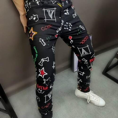 Graffiti print jeans high Street Jeans Men Black Stretch Slim Fit Printed Casual Denim Jeans Pants Hip Hop Dance Jeans Black