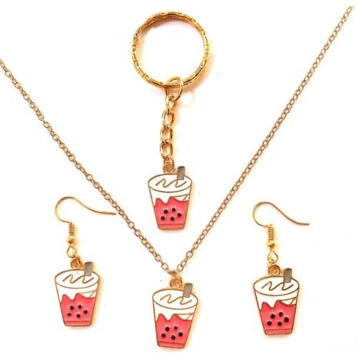 Enamel drink Bubble Tea jewelry set fruit beverage pearl milky milk tea jewellery set necklace earrings keychain women fashion