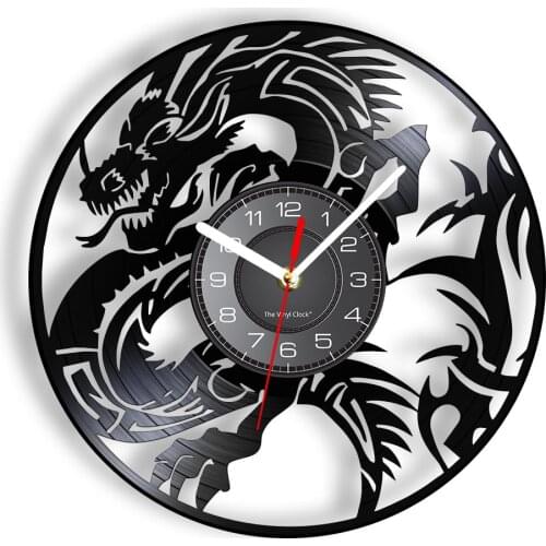 Flying Dragon Wall Clock Made Of Real Record VInyl Spiritual Evil Symbol Medieval Fantasy Artwork Vinyl Disk Crafts Timepieces