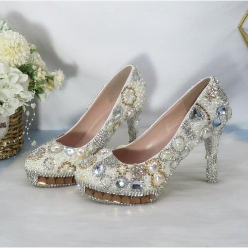BaoYaFang New arrival 2021 Champagne Glass crystal Women Wedding shoes Woman ivory pearl platform shoes Luxury High shoes