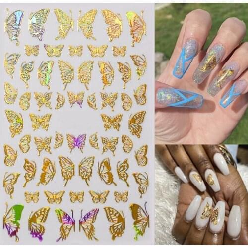 Holographic 3D Butterfly Nail Art Stickers Adhesive Sliders Gold DIY Golden Nail Transfer Decals Foils Wraps Decorations