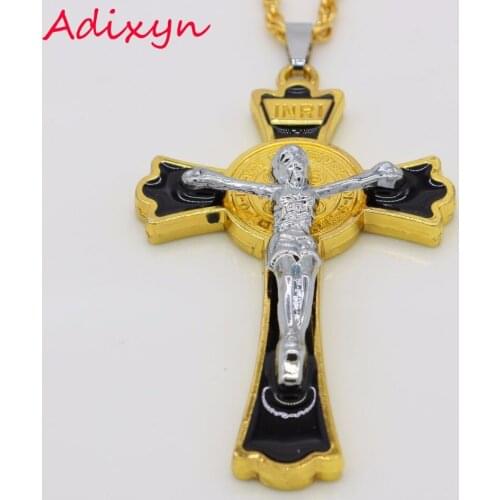 Adixyn INRI Black Stone Cross Jesus Necklaces for Women Two Tone Gold/Silver Color Pendant Crucifixion Religious Jewelry