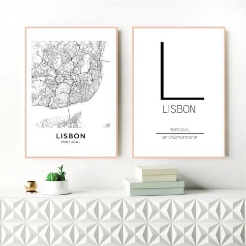 Lisbon City Map Poster Art Decor Canvas Prints , Black And White Portugal Lisbon Canvas Painting Wall Pictures Modern Home Decor