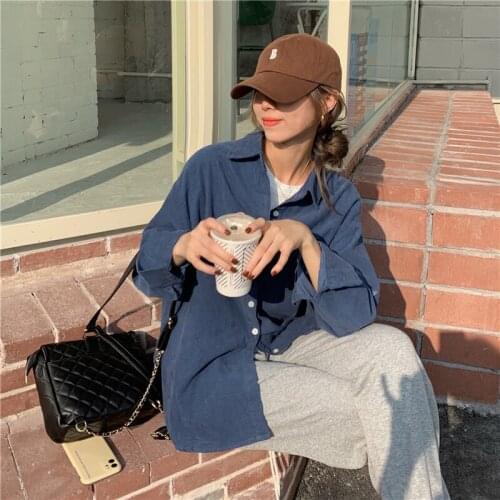 Autumn New Arrival Loose Solid Color Corduroy Lapel Shirt Korean Style Ins Simple Ladies Clothes Loose Shirts Tops For Women