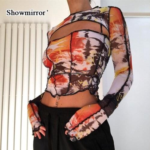 Showmirror G Cut Out Harajuku Sexy Long Sleeve T Shirt Women Autumn Print Mesh Crop Tops Tee Fashion Transparent T-shirts