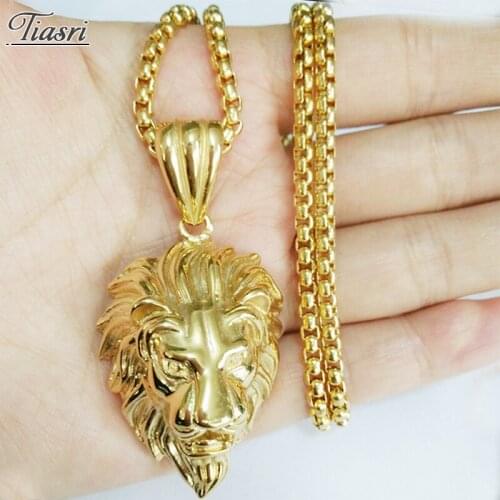 Tiasri Fashion Lion Head Pendant Necklace For Men Friends Gifts Stainless Steel Box Chain Steampunk Style Jewelry Accessories