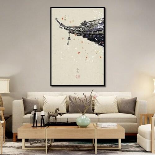 Traditional Chinese Culture Ancient Winds Corner Building Bell Poster And Peach Canvas Painting Picture Home Wall Art Decoration