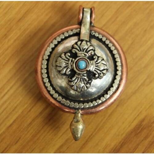 PN053 Vintage Tibetan Copper Lucky Knot & Dorje Buddhist Prayer Box Pendant Necklace Handmade Nepal 37mm Round Gau Amulet