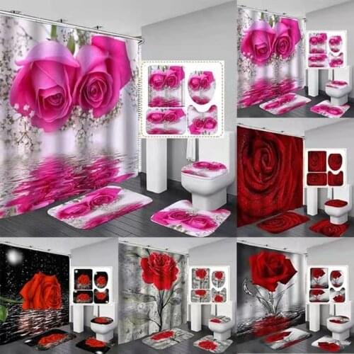 3D Printing Bright Red Rose Pattern Waterproof Shower Curtain with Hook Non-slip Floor Mat Bath Mat Toilet Cover Bathroom Set