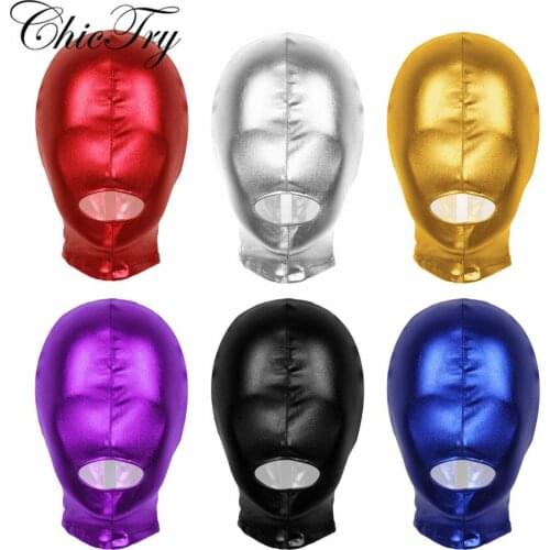 Aduts Unisex Men Women Face Mask Latex Shiny Metallic Open Mouth Hole Headgear Full Face Mask Hood for Role Play Costume
