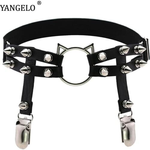 Yangelo Harajuku Gothic Cat Head Leather Handmade Rivet Leg Ring Foot Ring Garter Belt Personality Girl Punk Accessories Women