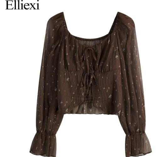 Elliexi Women Chiffon Blouse Flare Sleeve Autumn Printed Floral Tops Causal Square Collar Female Blouse Blusa Feminino 2021